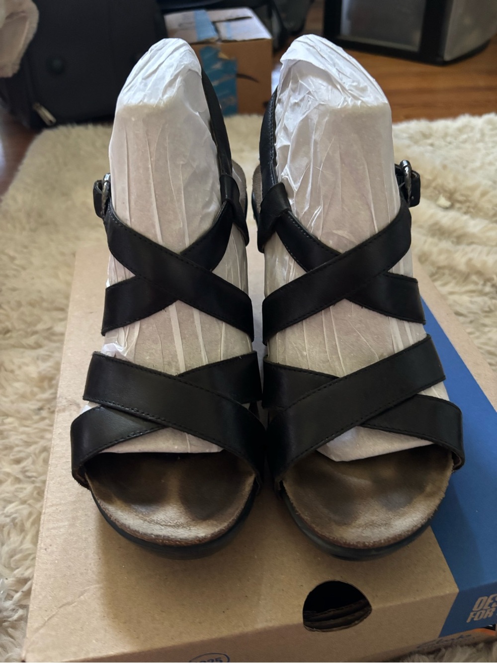 Dansko Black Leather Crisscross Strap Sandals
